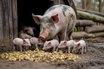 Adorable Pink Pig with a Muddy Snout on a Rustic Farm, Captured in Vibrant Detail, Generative AI Creation