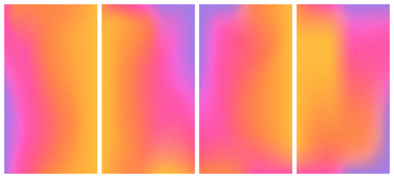 A vibrant background set with grainy effect. Blur vertical covers with smooth gradient in orange, pink, purple, yellow colors. Warm noise textured sunset gradation backdrops.