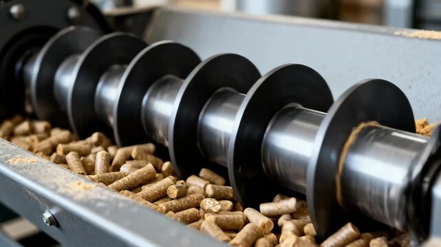 Closeup medium shot of rotating pellet mills compressing corn gluten feed into uniform animal feed pellets highlighting the mechanical precision.