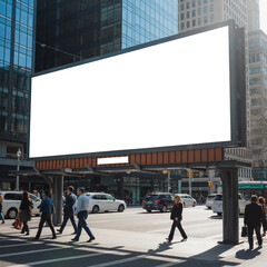 Large blank billboard in a bustling city intersection with traffic and pedestrians, ideal for urban advertising and marketing.