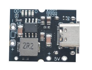 electronic circuit board close-up on a white isolated background