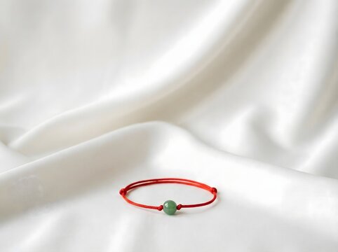 Red String Jade Bracelet on White Silk