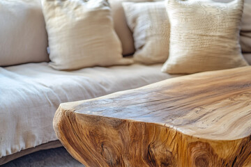 Minimalist eco apartment interior design with natural wooden furniture, cozy neutral pillows, soft textures, generative ai