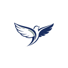 Fototapeta premium A stylized graphic of a blue and white bird with outstretched wings in flight.