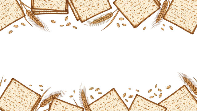 Frame or border made of matzah bread squares and wheat ears, representing the Jewish holiday of Passover, in a vintage sketch style.