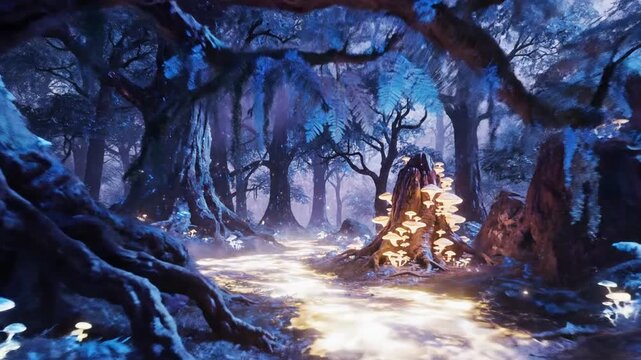 Moonlit blue forest path glows with ethereal lights among ancient frosted trees, magical. Quiet hush