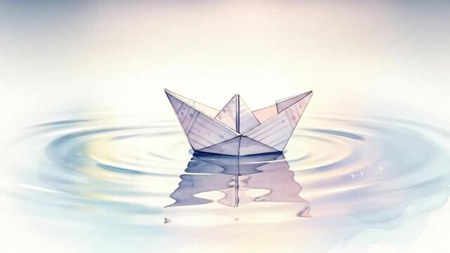 Paper boat floating on small puddle in watercolor style. Cartoon animation