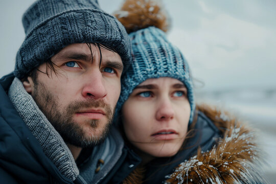 People Freezing at the Seaside During Cold Winter Vacation with Snow on Beard and Face Generative AI