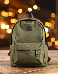 A green backpack on a wooden table with blurred lights