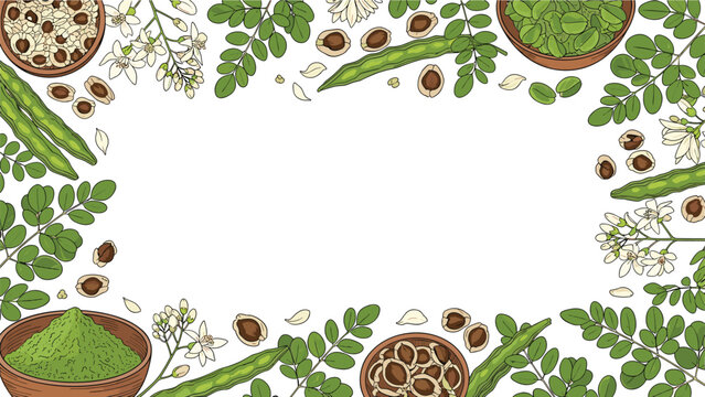 Rectangular frame or border made from hand-drawn elements of the moringa plant, including leaves, flowers, pods, seeds, and powder.