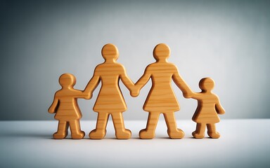 Wooden Figurines of Happy Family Holding Hands Together Unity.
