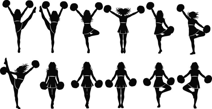 Cheerleader silhouettes set, teenage girl cheering with pom poms, high school sports team dance poses, vector illustration isolated on white background, black