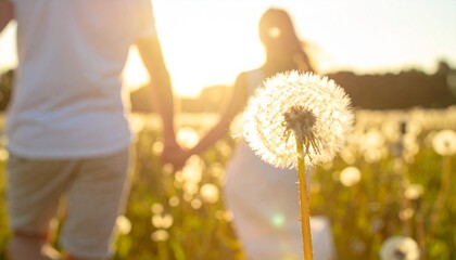 Pareja joven caminando de la mano entre flores silvestres al atardecer, rodeados de dientes de le&oacute;n en un campo iluminado por luz dorada, transmitiendo amor, libertad y felicidad.