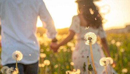 Pareja joven caminando de la mano entre flores silvestres al atardecer, rodeados de dientes de le&oacute;n en un campo iluminado por luz dorada, transmitiendo amor, libertad y felicidad.