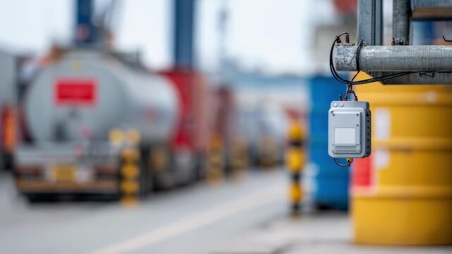 Closeup of a wireless IoT device attached to a chemical container focused clearly against a blurred backdrop of safety signage and storage equipment.