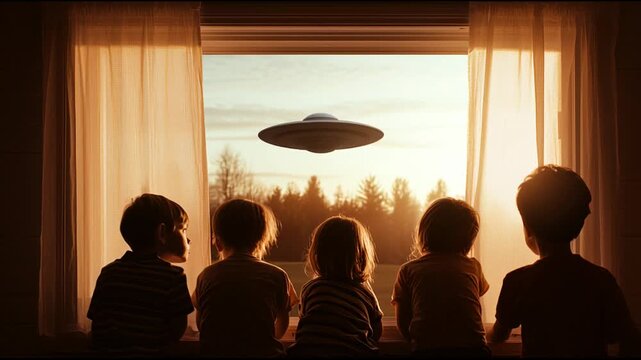Four children, silhouetted against a bright sunset, observe a flying saucer through a window, with one eventually raising their hand in greeting
