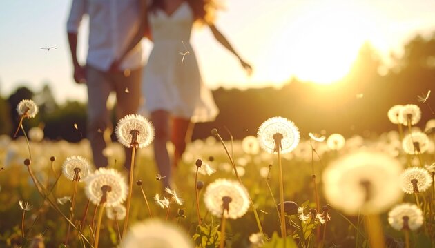 Pareja joven caminando de la mano entre flores silvestres al atardecer, rodeados de dientes de le&oacute;n en un campo iluminado por luz dorada, transmitiendo amor, libertad y felicidad.