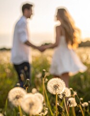 Pareja joven caminando de la mano entre flores silvestres al atardecer, rodeados de dientes de le&oacute;n en un campo iluminado por luz dorada, transmitiendo amor, libertad y felicidad.