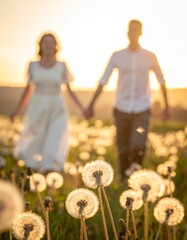 Pareja joven caminando de la mano entre flores silvestres al atardecer, rodeados de dientes de le&oacute;n en un campo iluminado por luz dorada, transmitiendo amor, libertad y felicidad.
