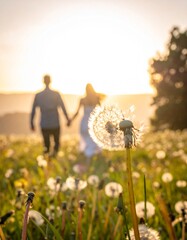 Pareja joven caminando de la mano entre flores silvestres al atardecer, rodeados de dientes de le&oacute;n en un campo iluminado por luz dorada, transmitiendo amor, libertad y felicidad.