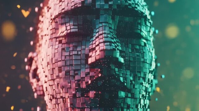 high-resolution cinematic video abstract human face made entirely pixelated blocks face slowly morphing different emotions, glitch effects digital distortion neon pastel gradient lighting, futuristic