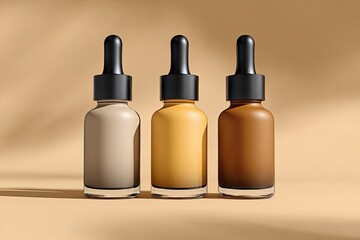 Naklejka premium Three elegant skincare serum bottles with black droppers in a neutral studio setting showcasing cosmetic product variety.