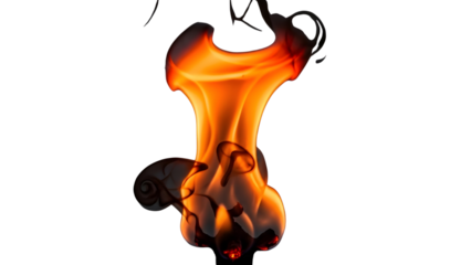 Bright orange burning flame with dark smoke and hot glow isolated PNG with Transparent Background