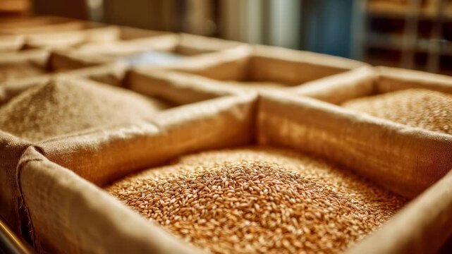 Closeup medium shot of large storage bins filled with wheat grains focus on texture and volume while surrounding environment stays softly out of focus.