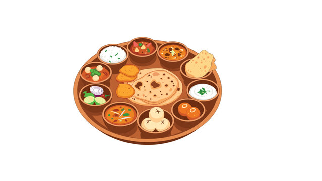 Illustration of a traditional Indian thali platter with a variety of colorful curries, breads, rice, and sweets.