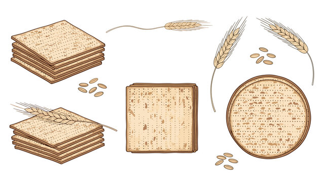 A set of hand-drawn matzah bread illustrations for Passover, shown in stacks and with wheat stalks in a vintage style.