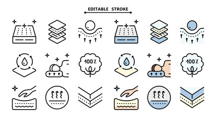 Fototapeta premium Memory Foam Mattress Icons: Color Flat Outline Symbols for Breathability, Firmness Support and Pressure Relief