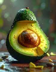 A halved avocado with water droplets on a wooden surface