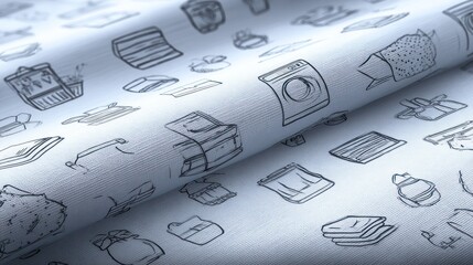 Seamless minimalist hand-drawn pattern of everyday household item illustrations on white fabric texture, perfect for textile design backgrounds.