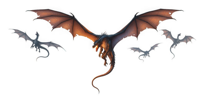 Majestic dragon flock soars through the night sky with powerful wings displaying fiery hues and dark silhouettes