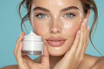 young Caucasian woman with brunette hair and clean skin enjoying a luxurious facial treatment