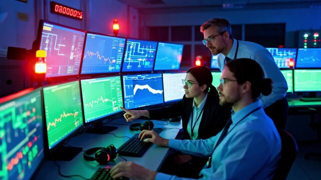 Control room staff analyzing realtime process variations and collaborating over digital displays with flashing alarms signaling system warnings.