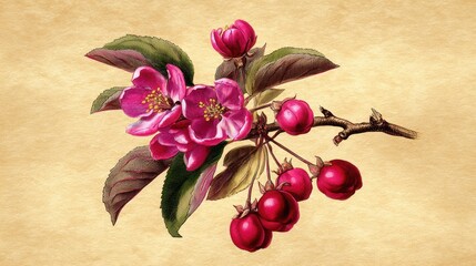 Vintage Botanical Illustration of Pink Apple Blossoms and Red Crabapples on a Branch with Green Leaves, Textured Background