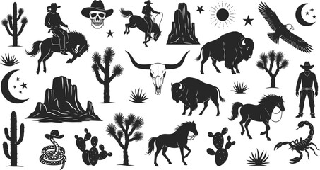 Wild west themed icons set cowboy, horse, skull, cactus, bison, eagle, scorpion, landscape © firoz