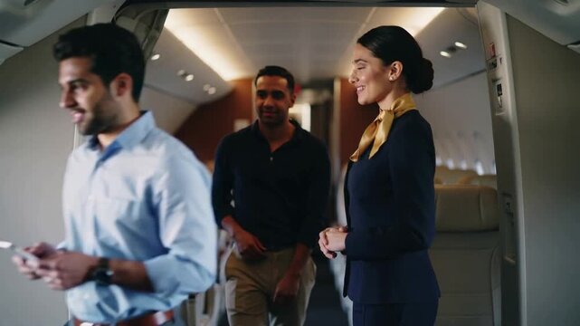 The flight attendant smiles as passengers disembark the airplane