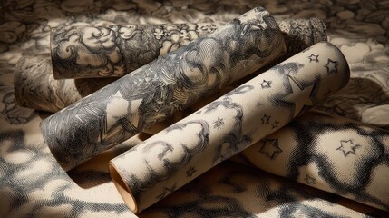 Rolled fabric with artistic monochrome cloud and star pattern. Decorative textile material showcasing stormy sky motif and celestial design.
