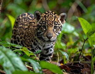 A jaguar crouches in dense green foliage, eyes focused