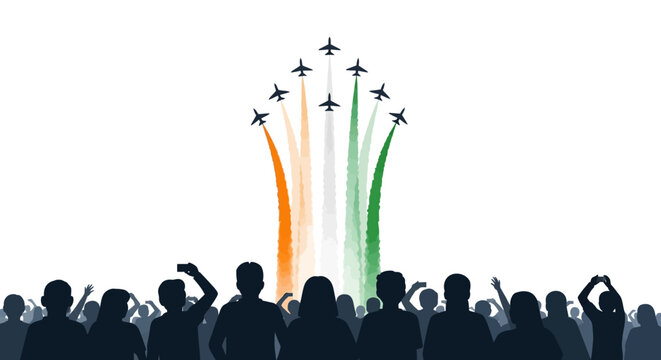 Illustration of people watching a military parade with cavalry and jets flying overhead, waving flags in orange, white, and green, on Republic Day in India.