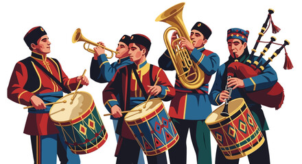Illustration of a military band performing with various musical instruments during a Republic Day parade in India, showcasing people of different ages including children and cavalry. © Hadi