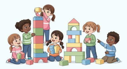 Obraz premium Children playing with colorful building blocks together.