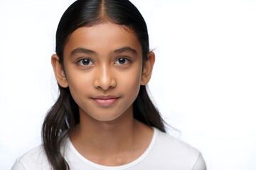 Portrait of a Smiling Young Girl with Dark Hair and Brown Eyes