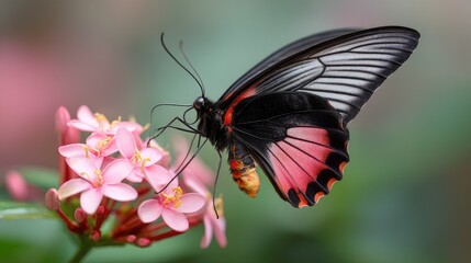 Naklejka premium Close-Up of Vibrant Butterfly with Black and Red Wings Feeding on Pink Blossoms in a Natural Setting