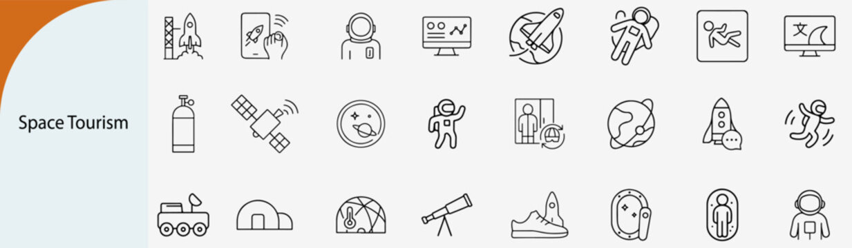 Space tourism and commercial galaxy travel outline icon set, isolated vector.