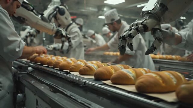 4K cinematic stock video futuristic bakery robotic arms human bakers preparing bread rolls dough shaping baking modern conveyor belts LED lighting, steam rising freshly baked rolls, close-up video