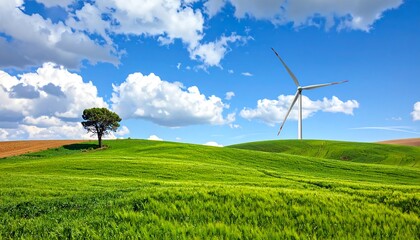 Green Energy Landscape - Wind Turbine and Tree on Rolling Hills.