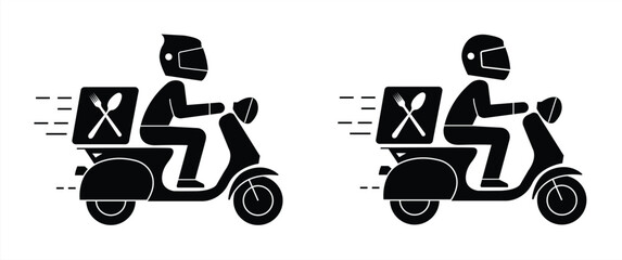 Motorcycle delivery person icon. Graphic symbol of a scooter rider with a package, representing fast courier and food delivery service. © GraphicGlow